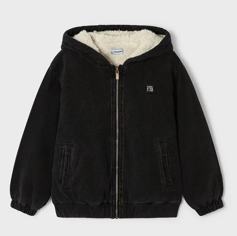 4432 Mayoral Mini Boys Sherpa Lined Zippered Denim Hoodie - Black