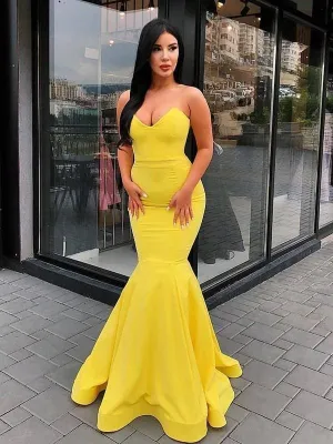 A| Bridelily Mermaid Strapless Sweetheart Sweep Train Satin Dresses