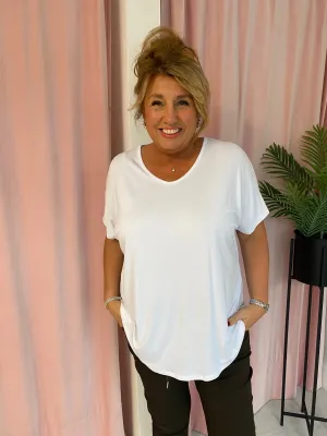 Basic V Neck T Shirt  - White
