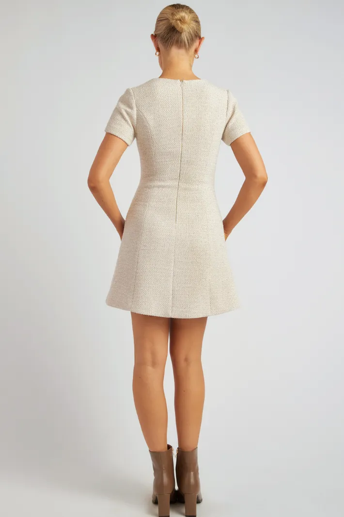 EDENI SHORT SLEEVE TWEED MINI DRESS - Beige