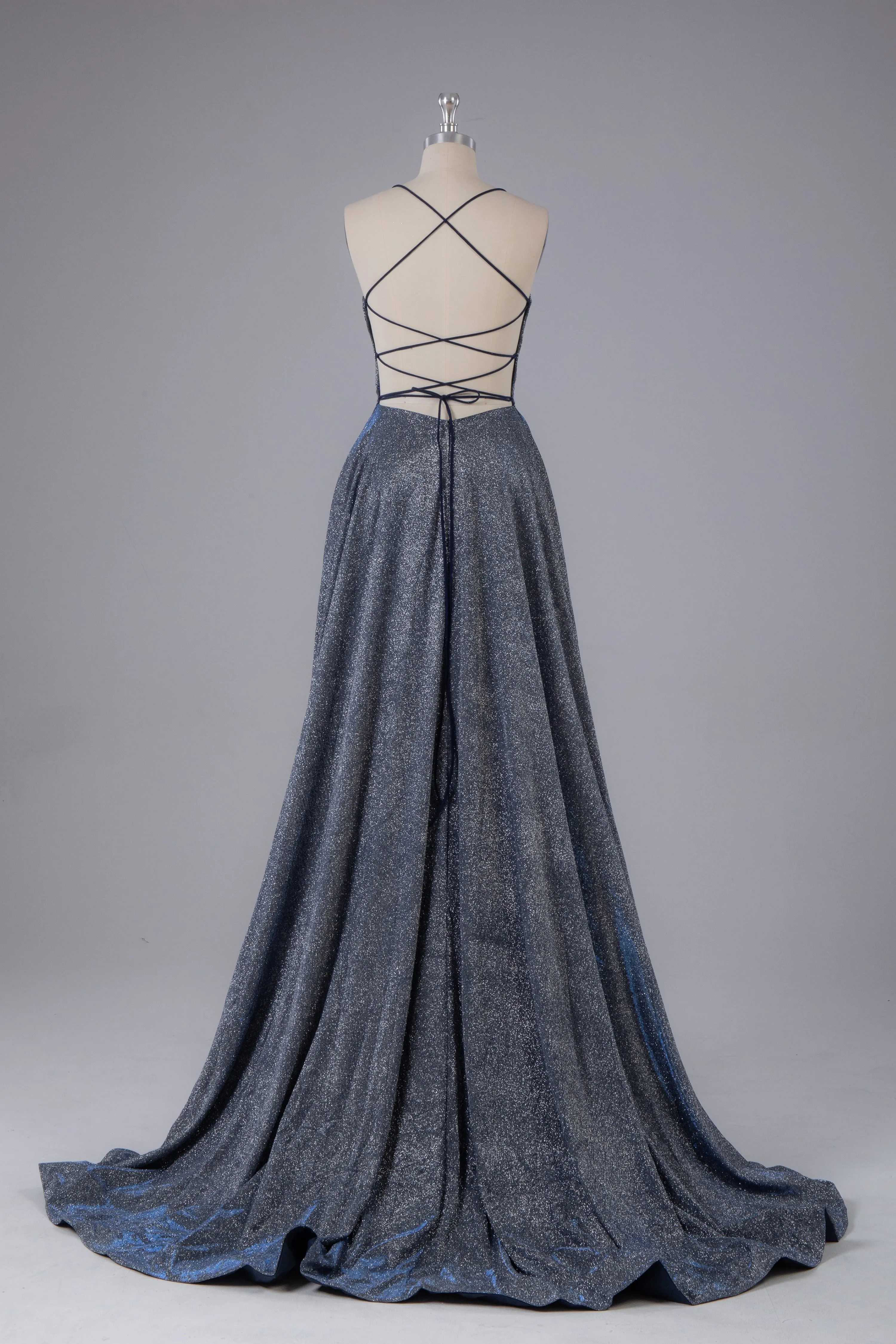 kamahe Charming Spaghetti Straps Open Back Sweep Train Prom Dress