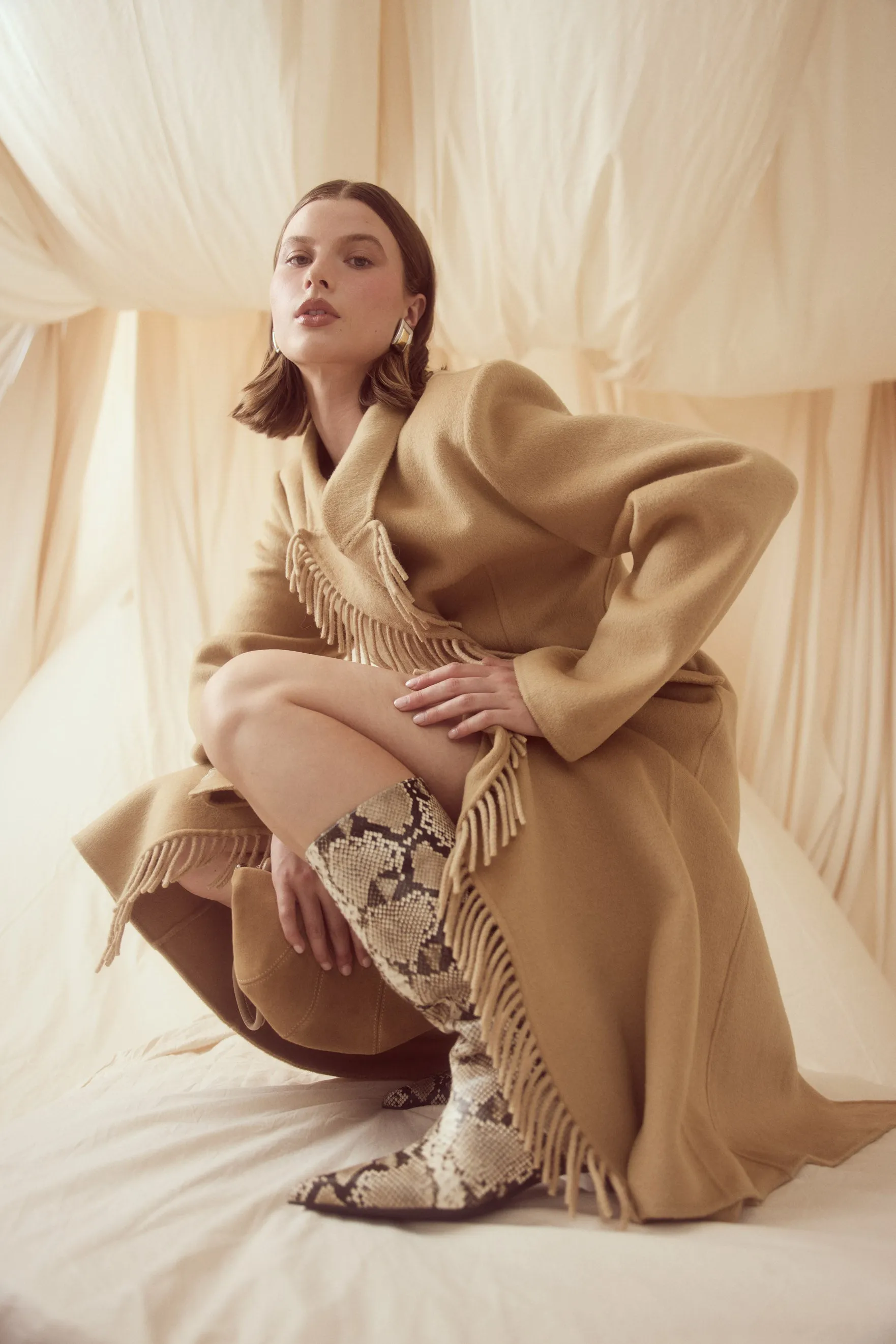 Kate Fringe Wool Coat - Walnut