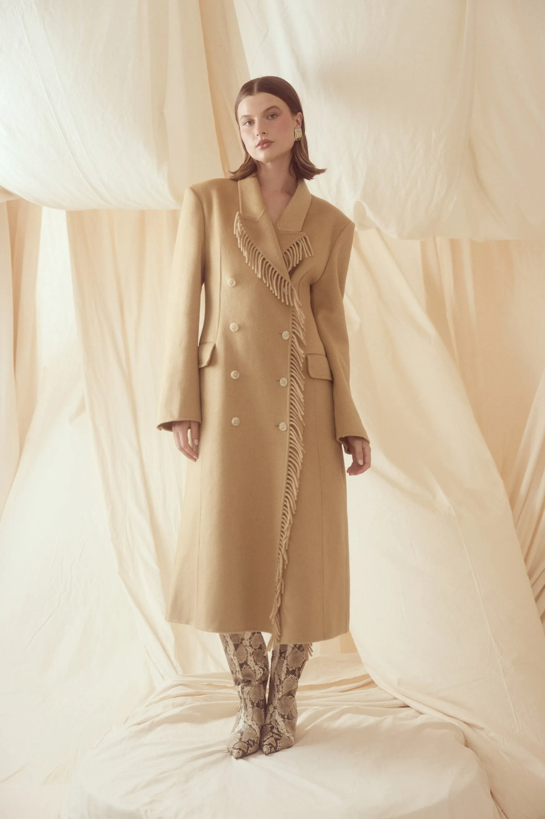 Kate Fringe Wool Coat - Walnut