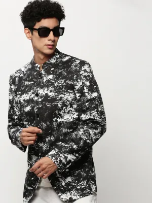 Men Black Abstract Printed Mandarin Collar Slim-Fit Bandhgala Cotton Blazer