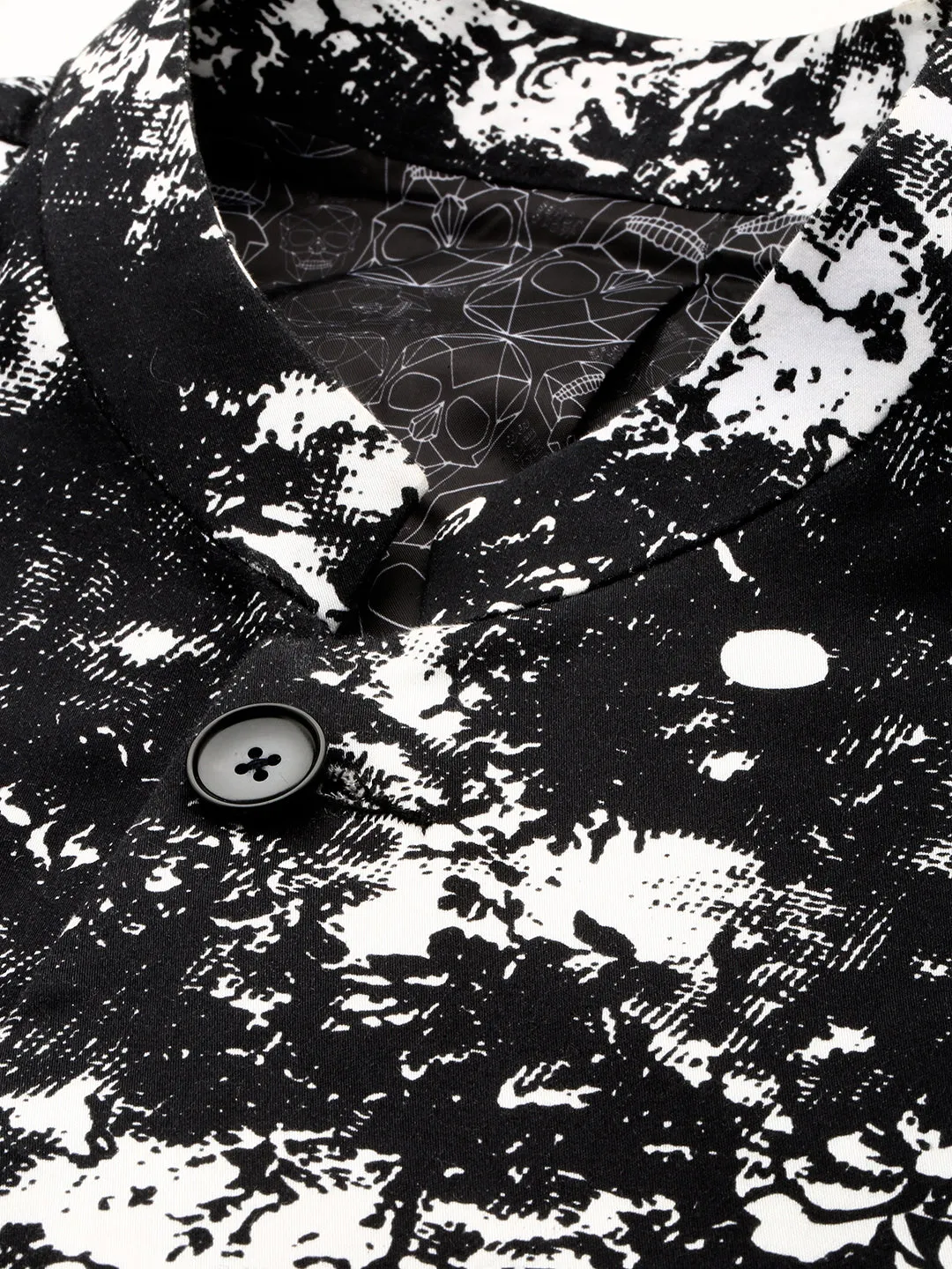 Men Black Abstract Printed Mandarin Collar Slim-Fit Bandhgala Cotton Blazer