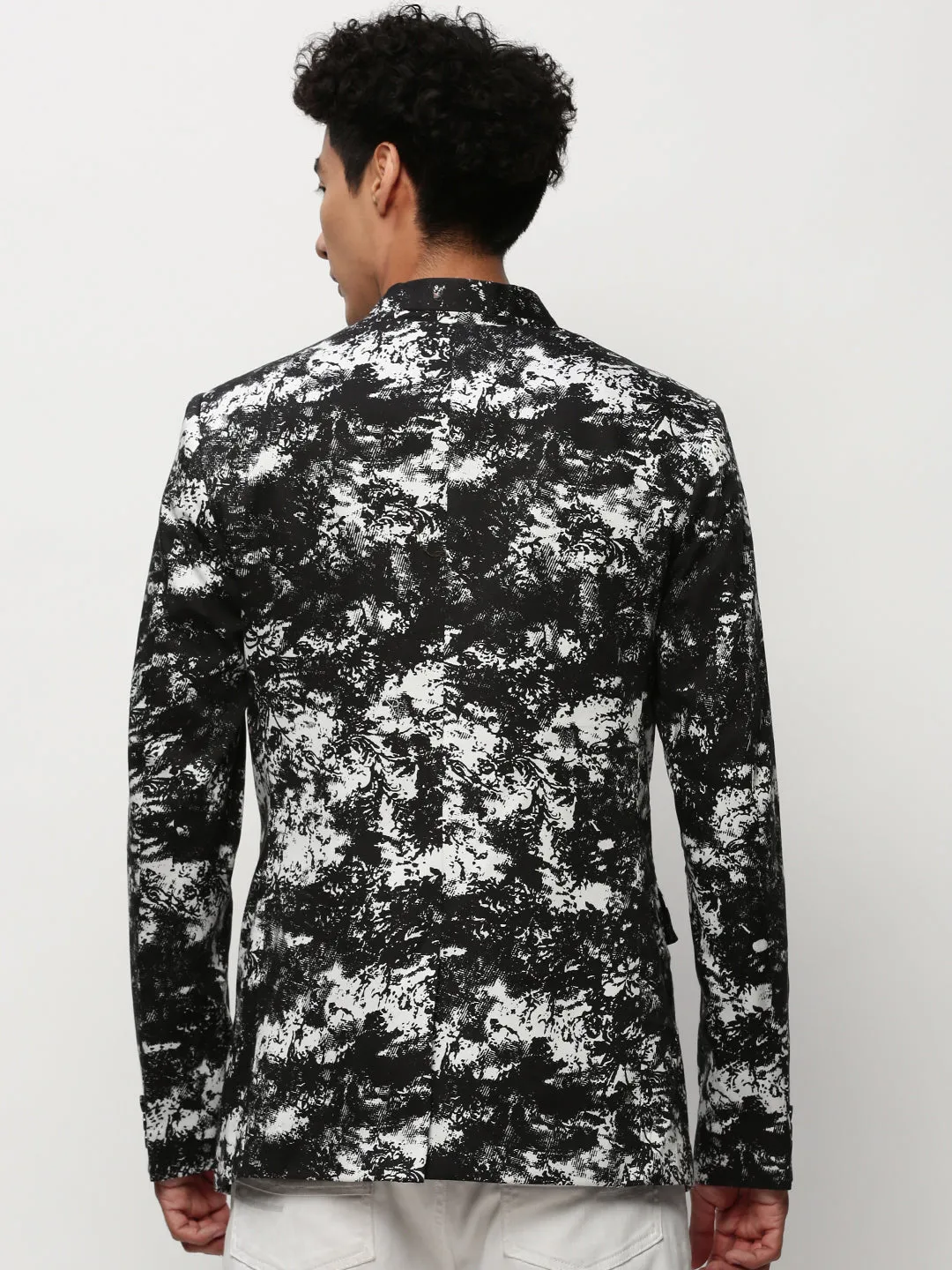 Men Black Abstract Printed Mandarin Collar Slim-Fit Bandhgala Cotton Blazer