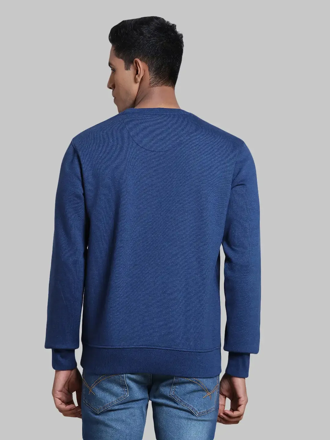 Men Blue Tailored Fit Melange Cotton Full Sleeve Round Collar Sweatshirts