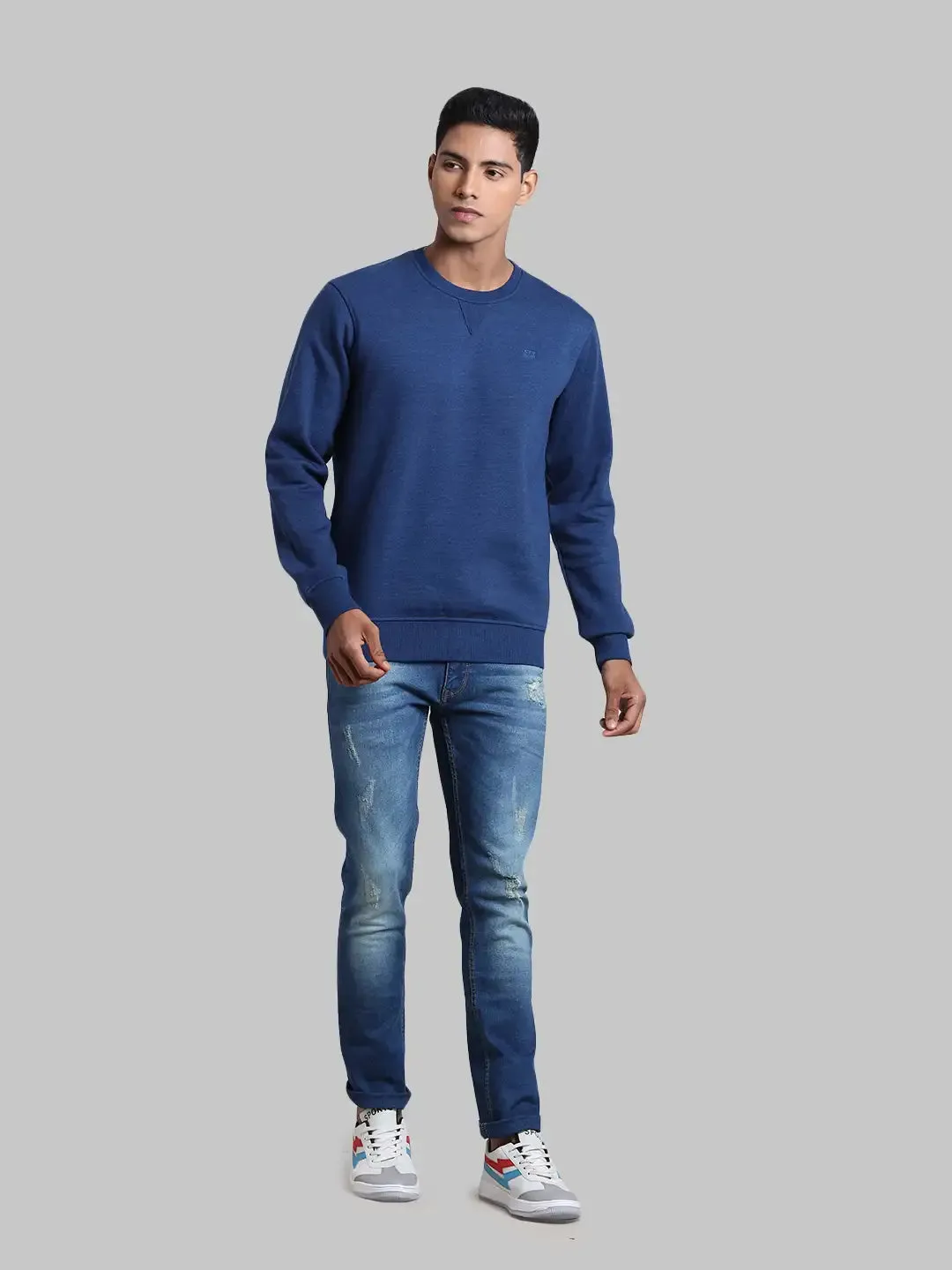 Men Blue Tailored Fit Melange Cotton Full Sleeve Round Collar Sweatshirts