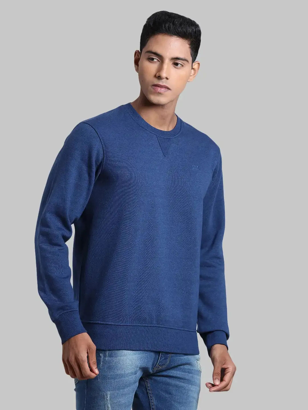 Men Blue Tailored Fit Melange Cotton Full Sleeve Round Collar Sweatshirts