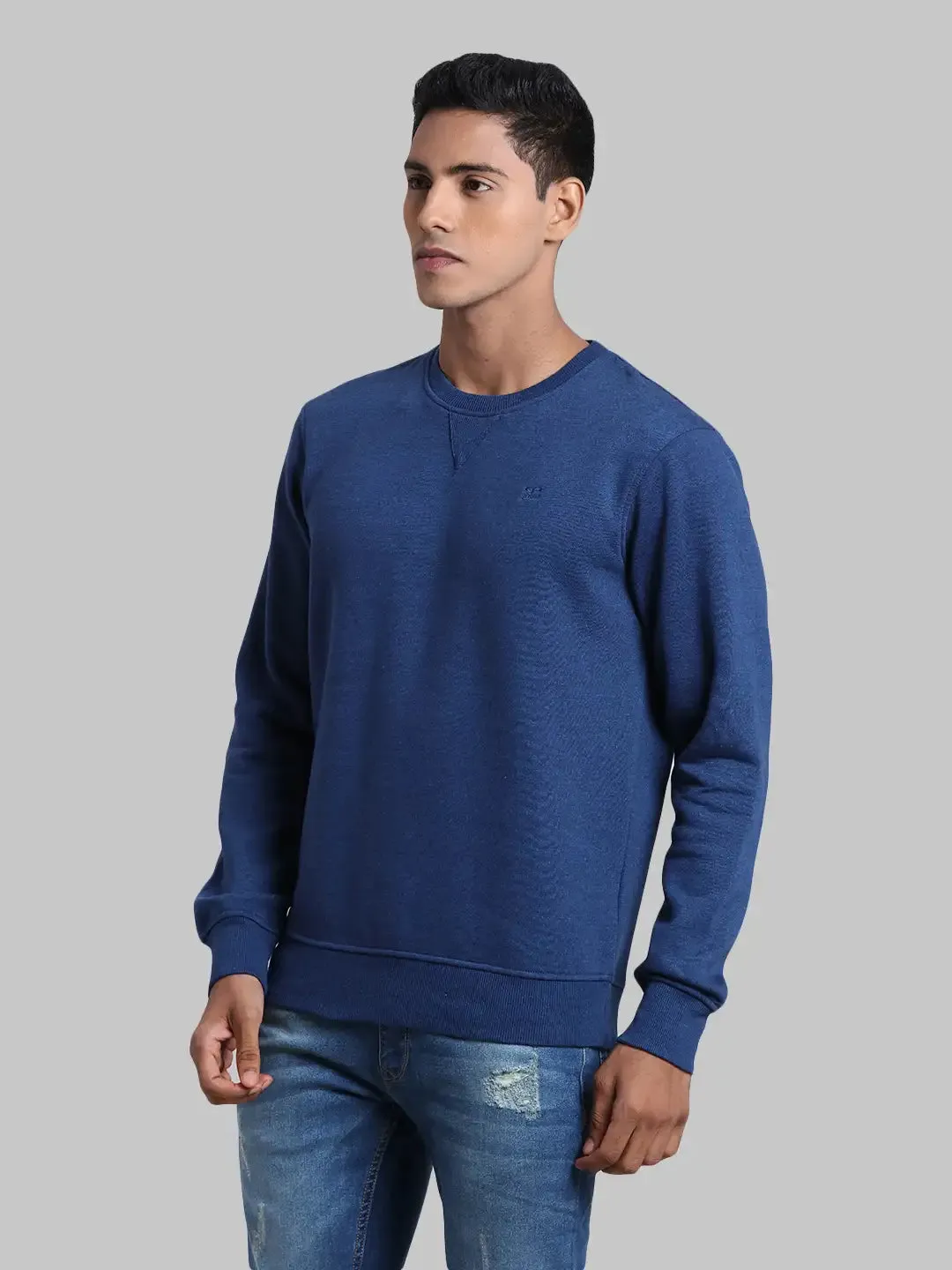 Men Blue Tailored Fit Melange Cotton Full Sleeve Round Collar Sweatshirts