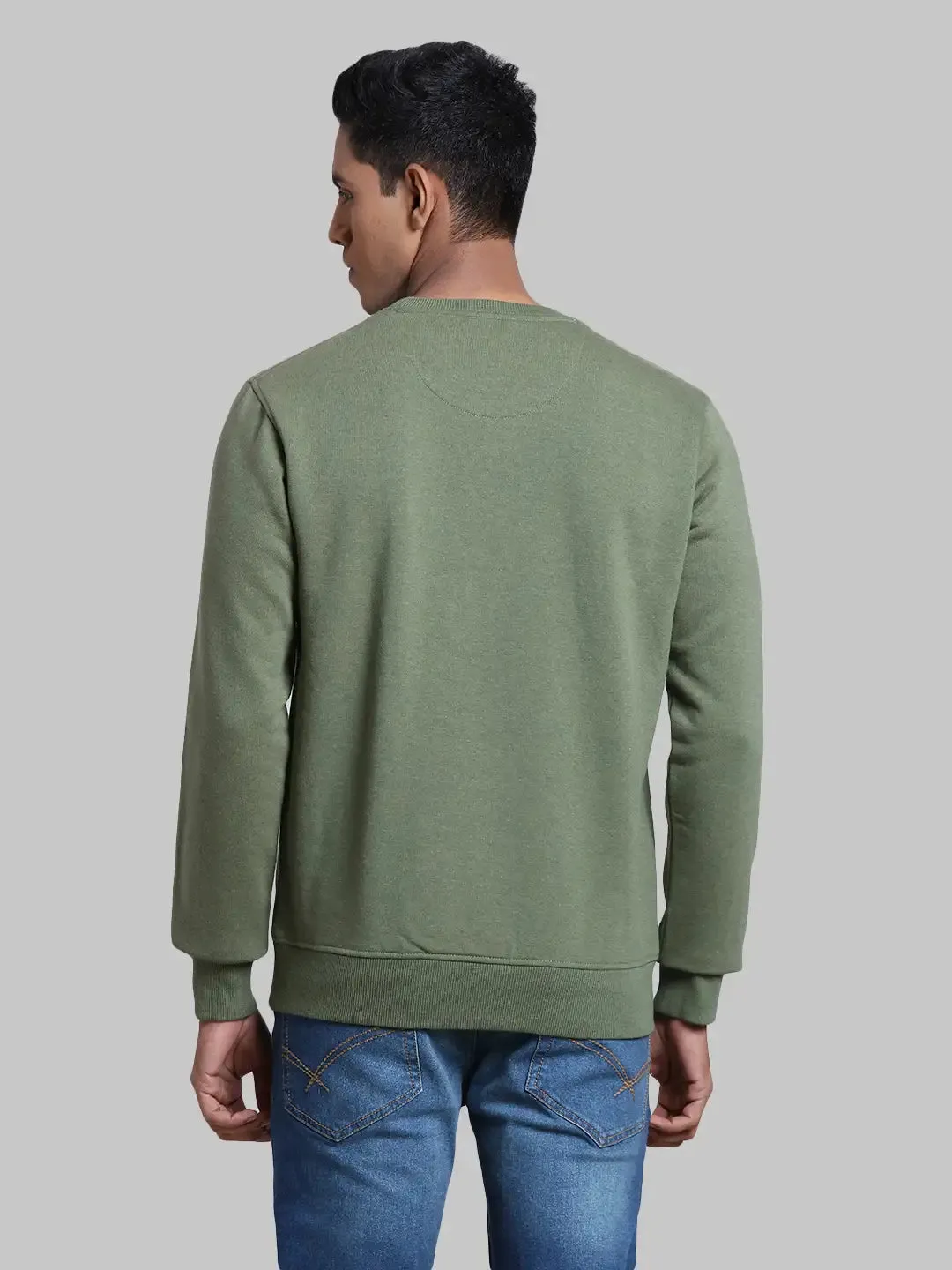 Men Green Tailored Fit Melange Melange Blend Full Sleeve Round Collar Sweatshirts