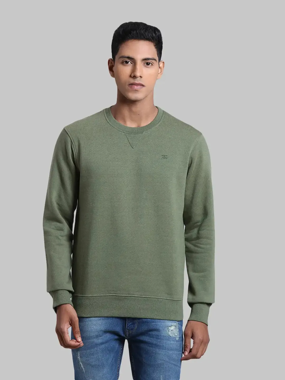 Men Green Tailored Fit Melange Melange Blend Full Sleeve Round Collar Sweatshirts