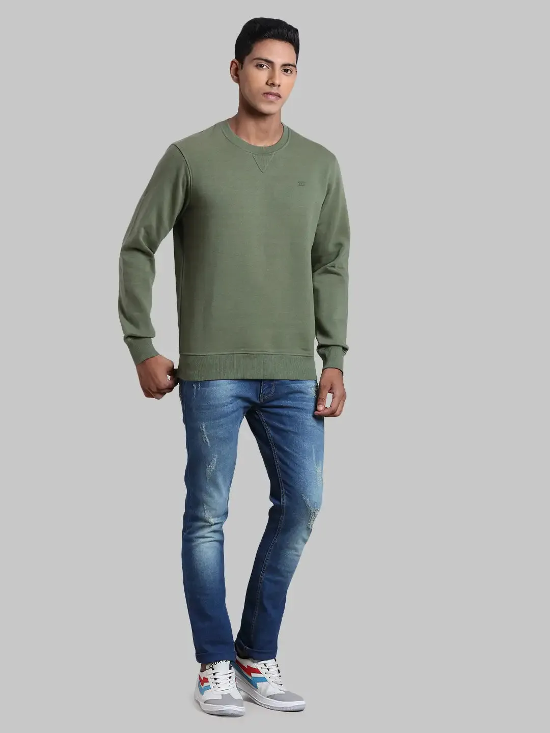 Men Green Tailored Fit Melange Melange Blend Full Sleeve Round Collar Sweatshirts
