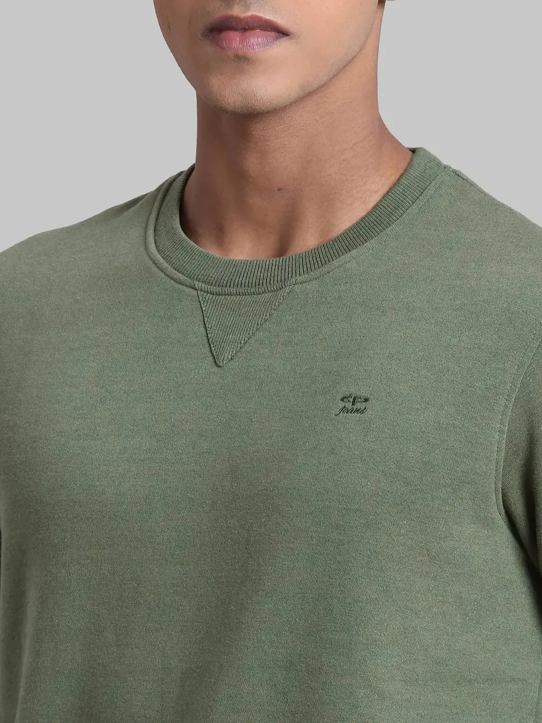 Men Green Tailored Fit Melange Melange Blend Full Sleeve Round Collar Sweatshirts