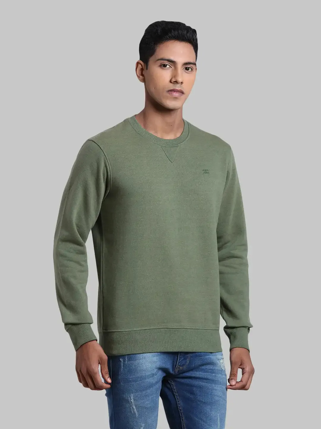 Men Green Tailored Fit Melange Melange Blend Full Sleeve Round Collar Sweatshirts