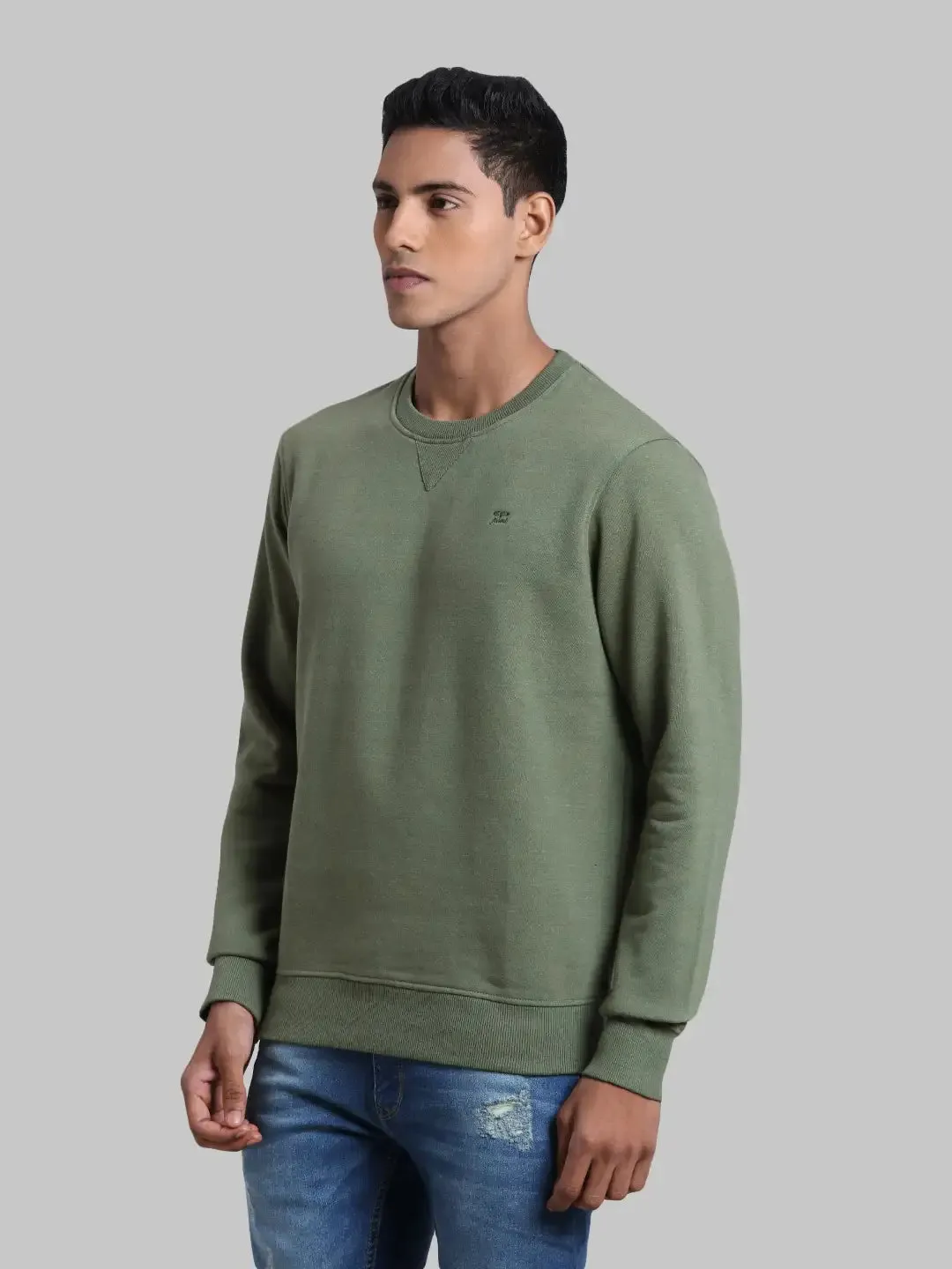 Men Green Tailored Fit Melange Melange Blend Full Sleeve Round Collar Sweatshirts