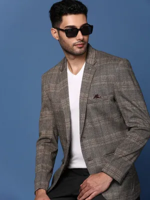 Men Grey Slim Fit Checked Notched Lapel Single Breasted Blazer