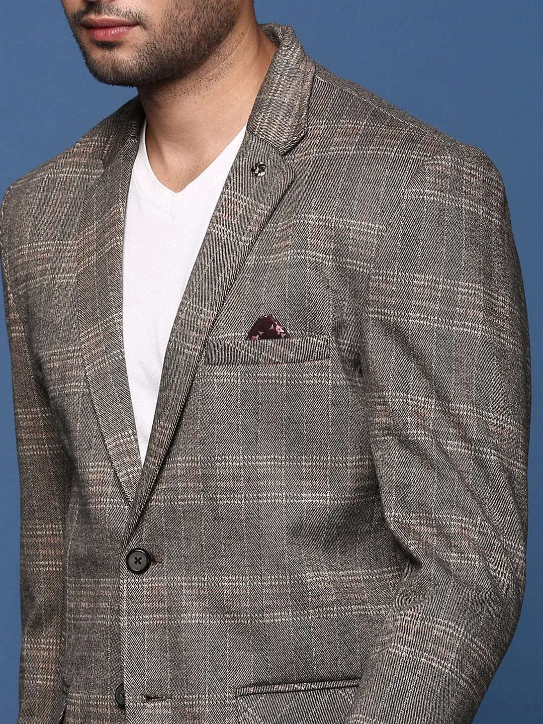 Men Grey Slim Fit Checked Notched Lapel Single Breasted Blazer