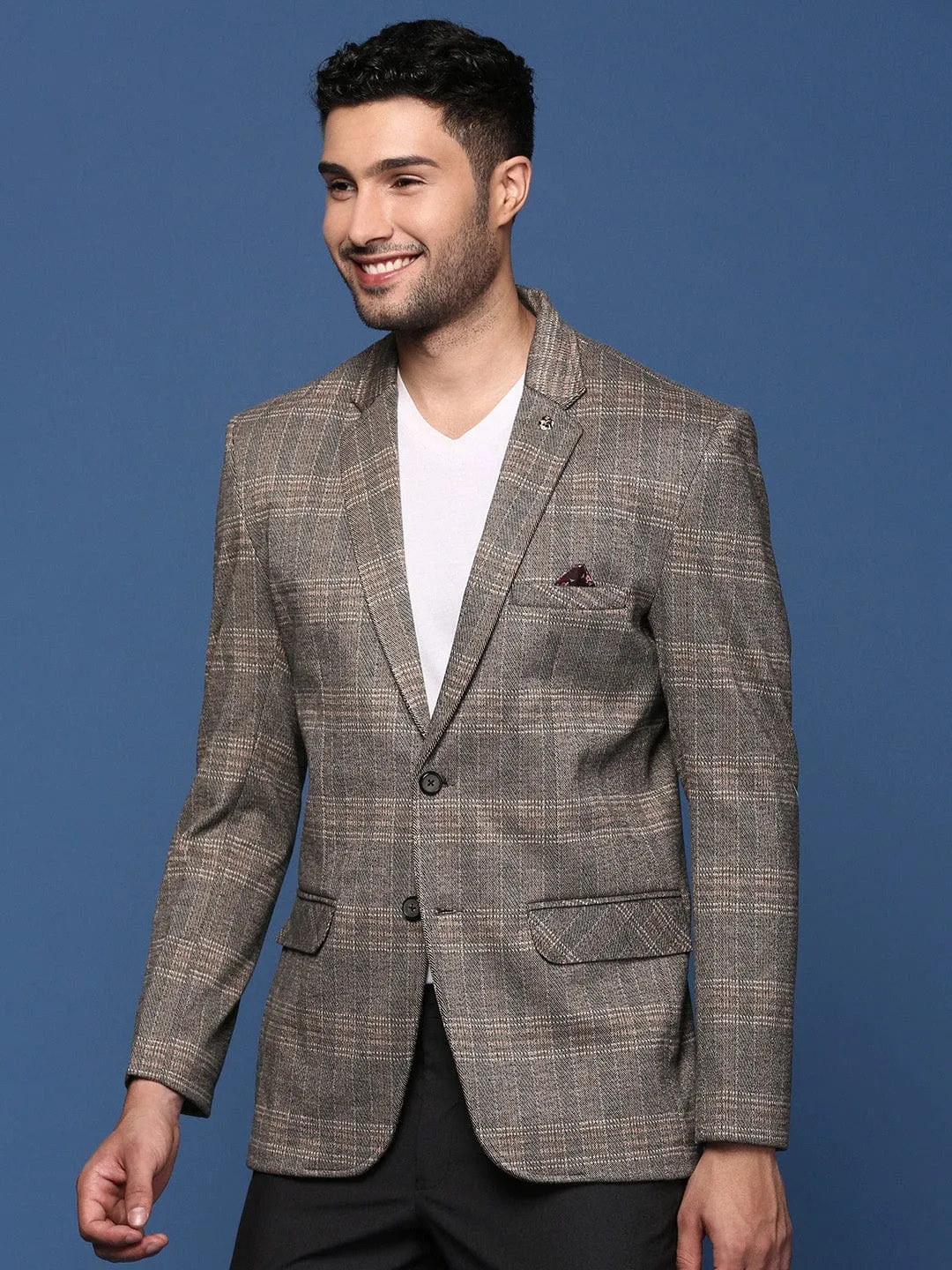Men Grey Slim Fit Checked Notched Lapel Single Breasted Blazer