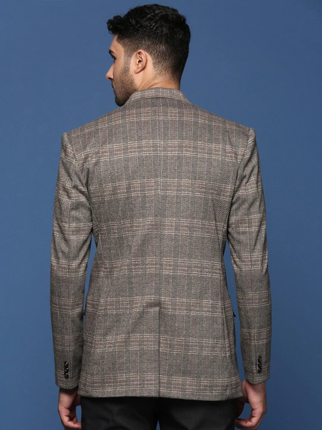 Men Grey Slim Fit Checked Notched Lapel Single Breasted Blazer