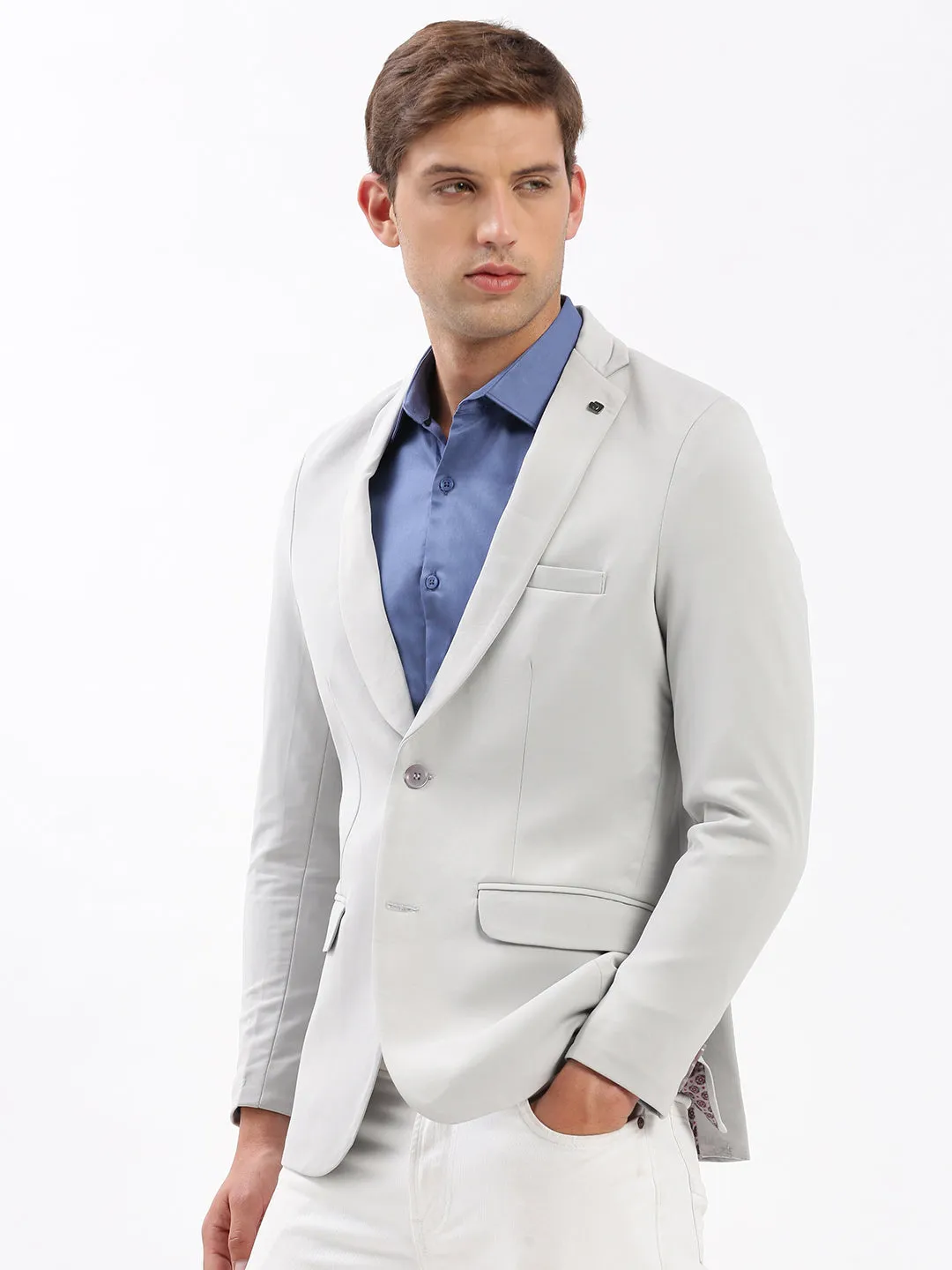 Men Grey Slim Fit Notched Lapel Single-Breasted Classic Blazer