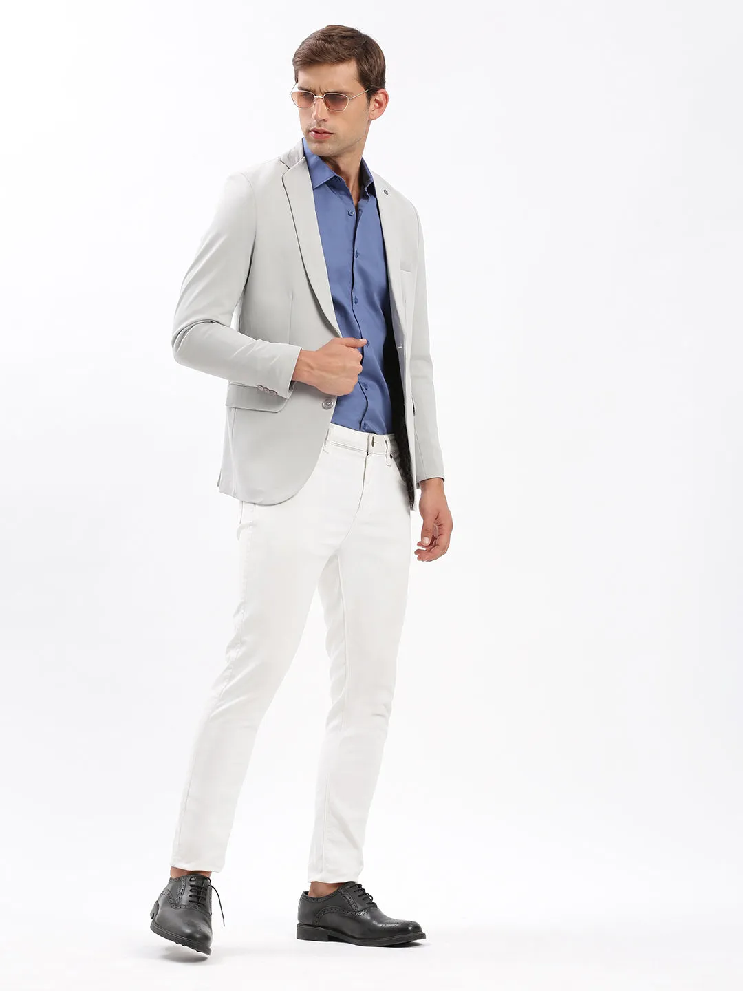 Men Grey Slim Fit Notched Lapel Single-Breasted Classic Blazer