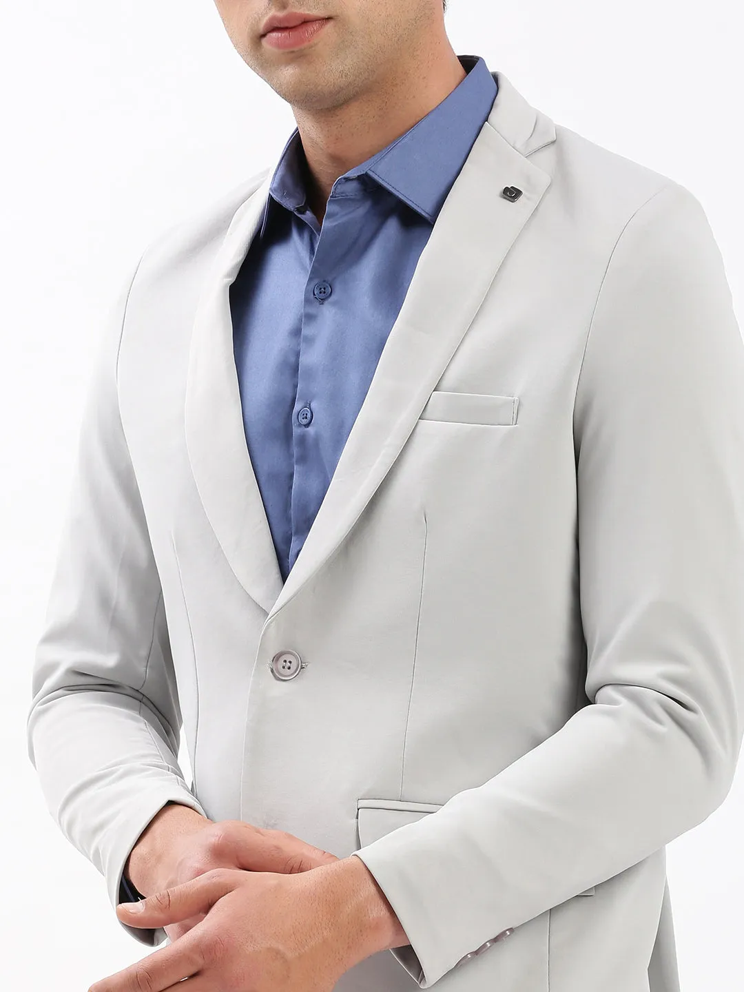 Men Grey Slim Fit Notched Lapel Single-Breasted Classic Blazer