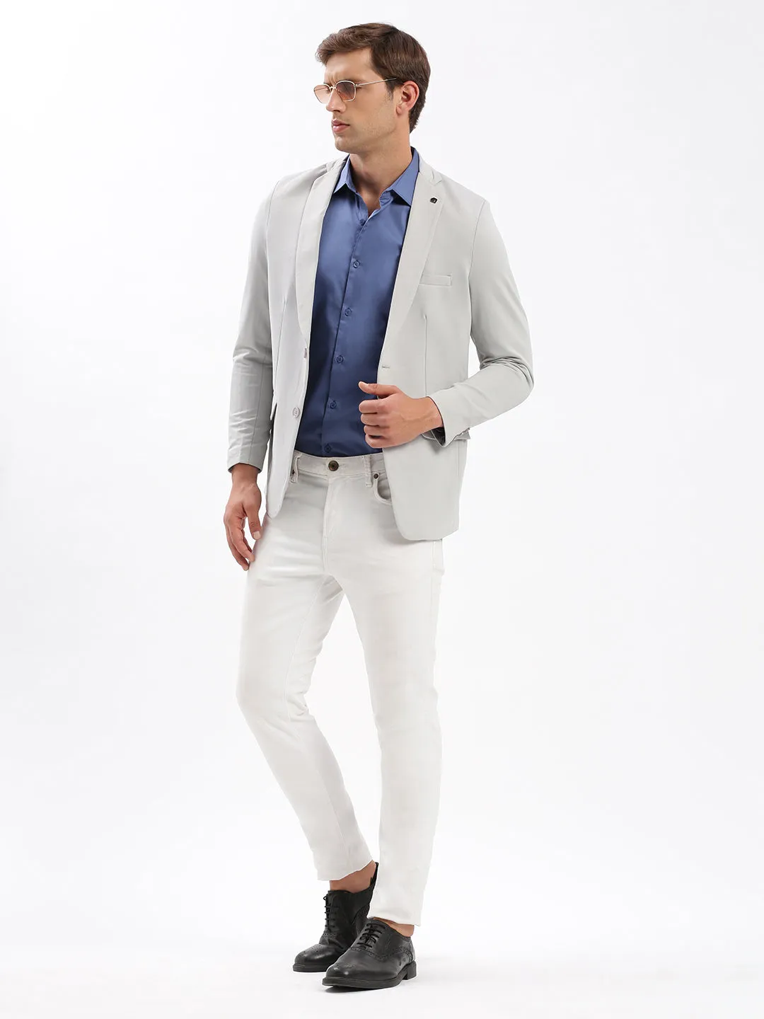 Men Grey Slim Fit Notched Lapel Single-Breasted Classic Blazer