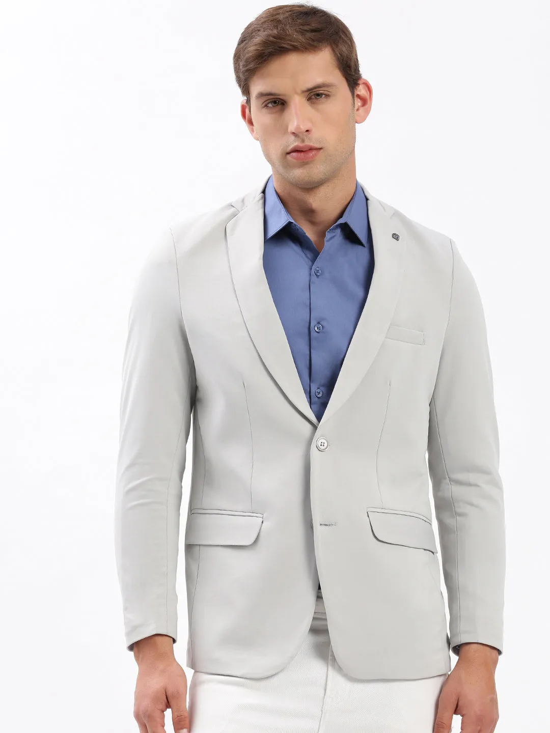 Men Grey Slim Fit Notched Lapel Single-Breasted Classic Blazer
