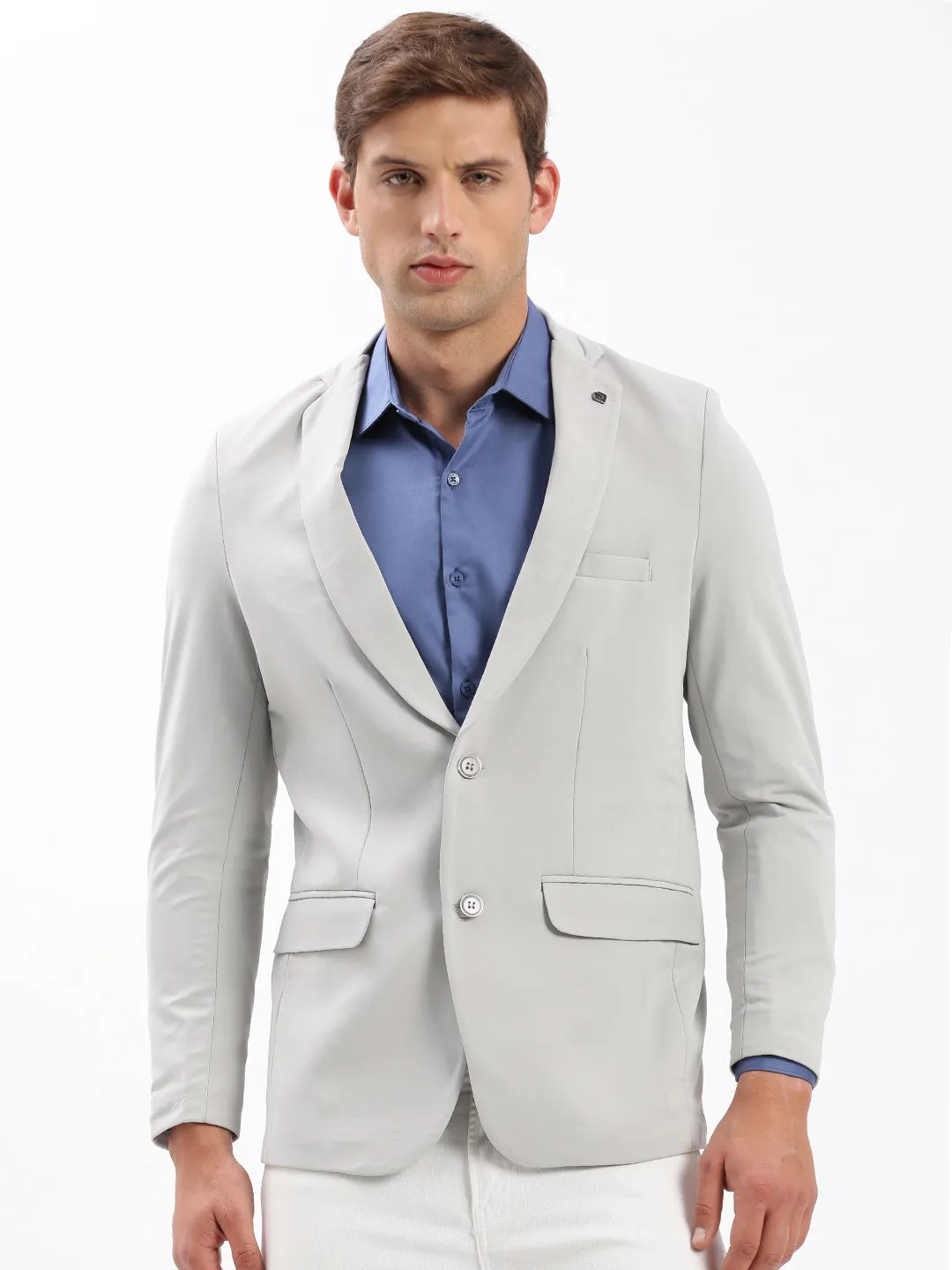 Men Grey Slim Fit Notched Lapel Single-Breasted Classic Blazer