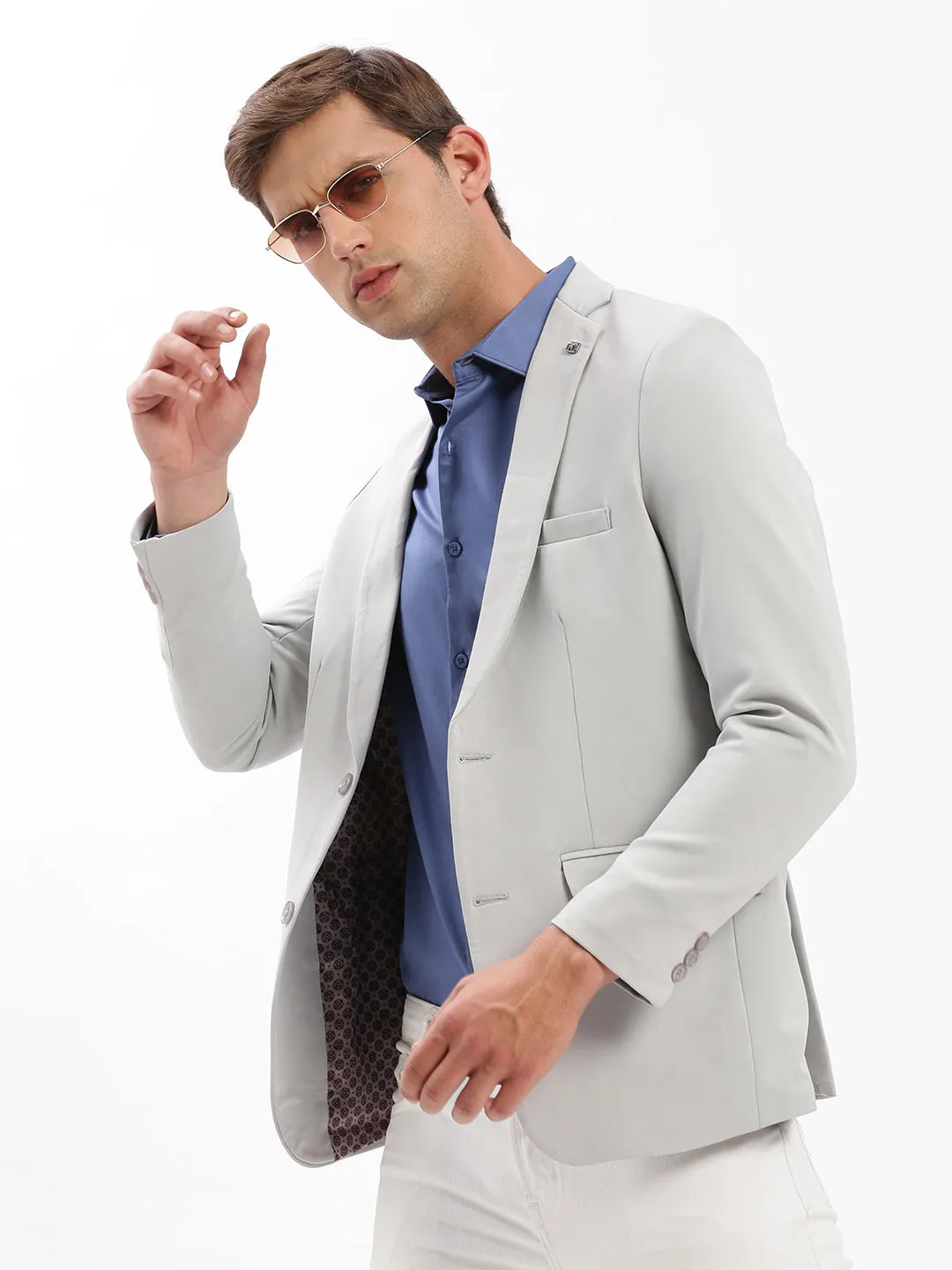 Men Grey Slim Fit Notched Lapel Single-Breasted Classic Blazer
