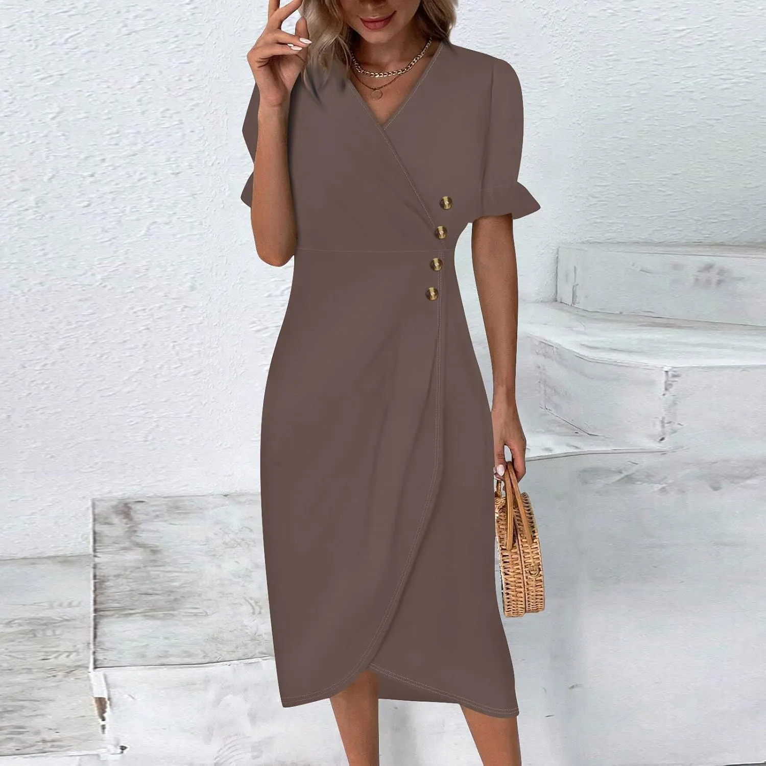 Summer Dresses for Women 2024 Casual V Neck A-line Boho Dress Ditsy Floral Flounce Sleeve Wrap Hem Dress