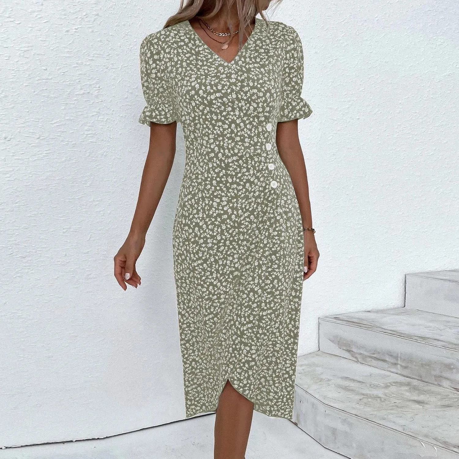 Summer Dresses for Women 2024 Casual V Neck A-line Boho Dress Ditsy Floral Flounce Sleeve Wrap Hem Dress