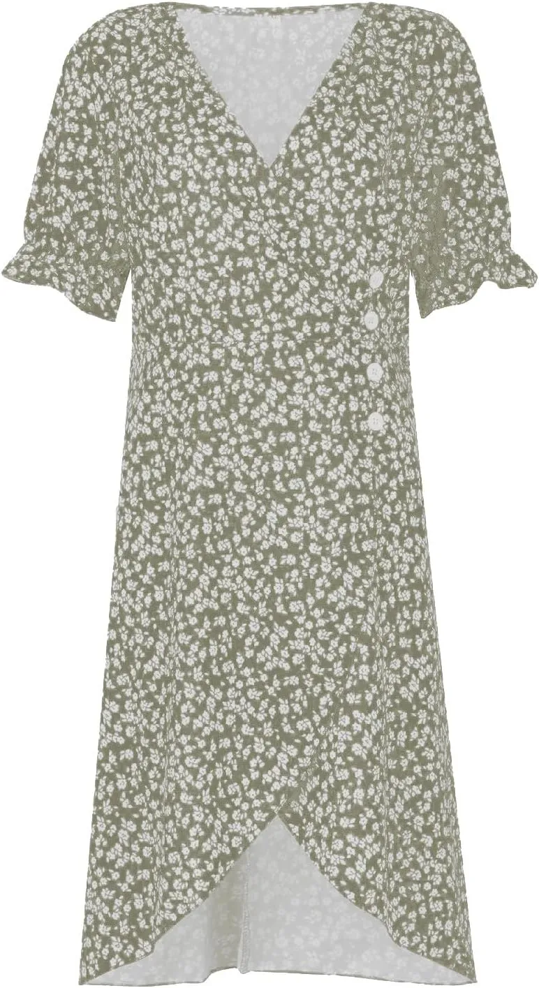 Summer Dresses for Women 2024 Casual V Neck A-line Boho Dress Ditsy Floral Flounce Sleeve Wrap Hem Dress