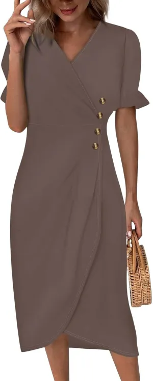 Summer Dresses for Women 2024 Casual V Neck A-line Boho Dress Ditsy Floral Flounce Sleeve Wrap Hem Dress