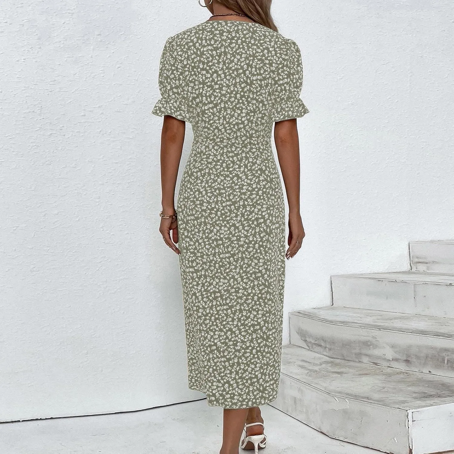 Summer Dresses for Women 2024 Casual V Neck A-line Boho Dress Ditsy Floral Flounce Sleeve Wrap Hem Dress