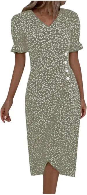Summer Dresses for Women 2024 Casual V Neck A-line Boho Dress Ditsy Floral Flounce Sleeve Wrap Hem Dress