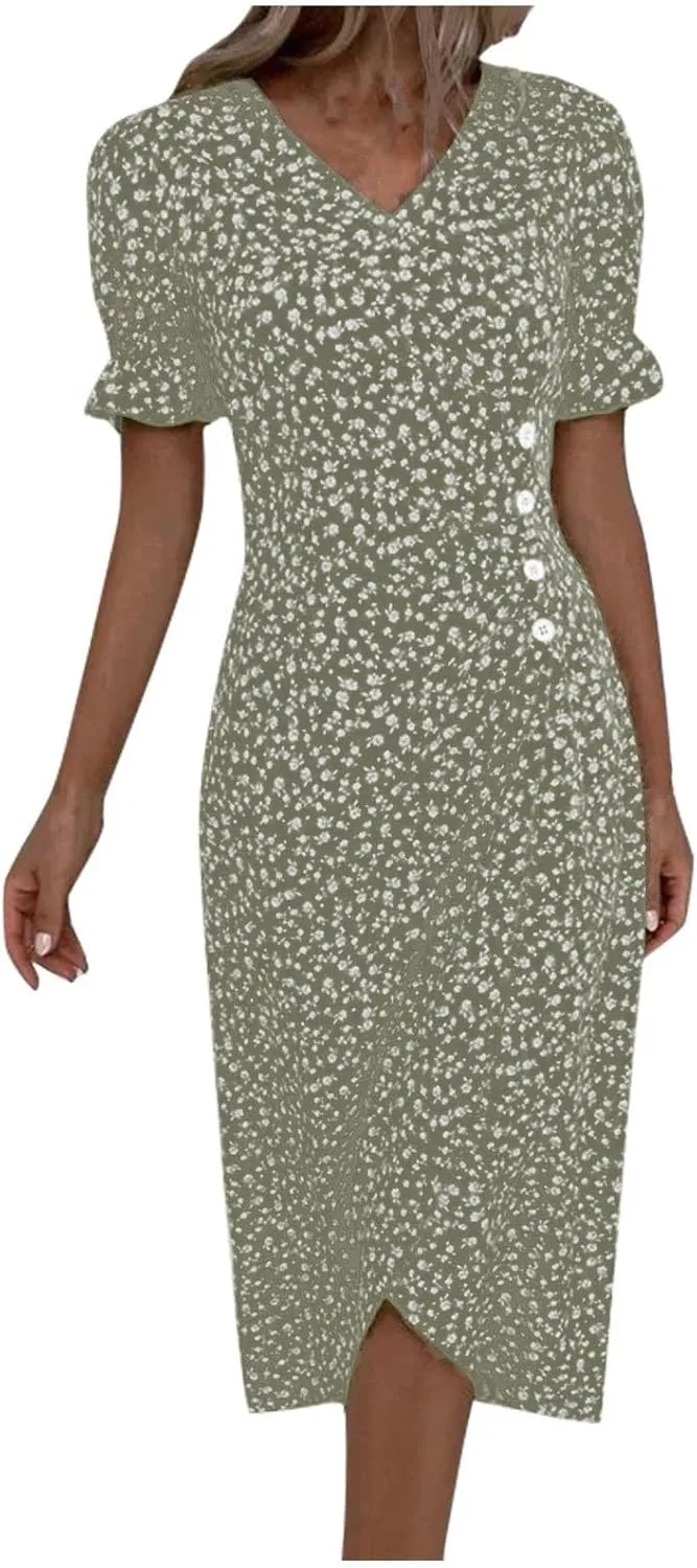 Summer Dresses for Women 2024 Casual V Neck A-line Boho Dress Ditsy Floral Flounce Sleeve Wrap Hem Dress
