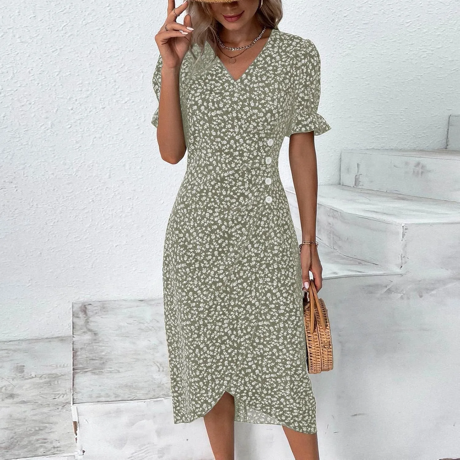 Summer Dresses for Women 2024 Casual V Neck A-line Boho Dress Ditsy Floral Flounce Sleeve Wrap Hem Dress