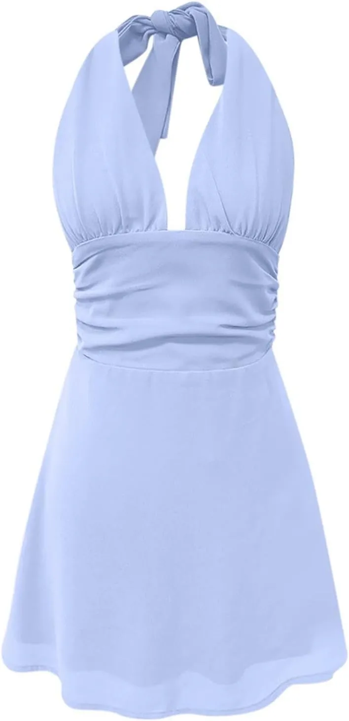Womens Dresses Deep V Mini Dress Bow Tie Sleeveless Backless Ruched Flowy Wrap Ruffle Hem Summer Bodycon