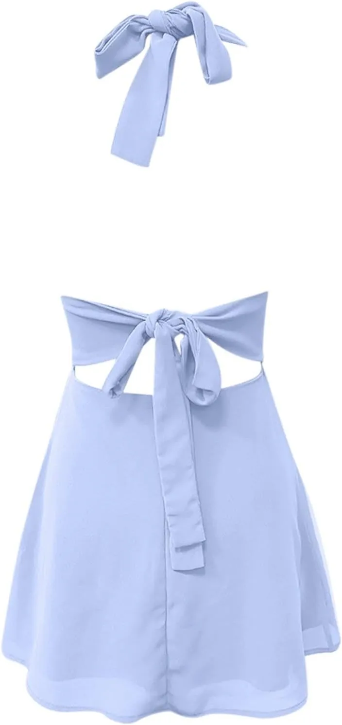 Womens Dresses Deep V Mini Dress Bow Tie Sleeveless Backless Ruched Flowy Wrap Ruffle Hem Summer Bodycon