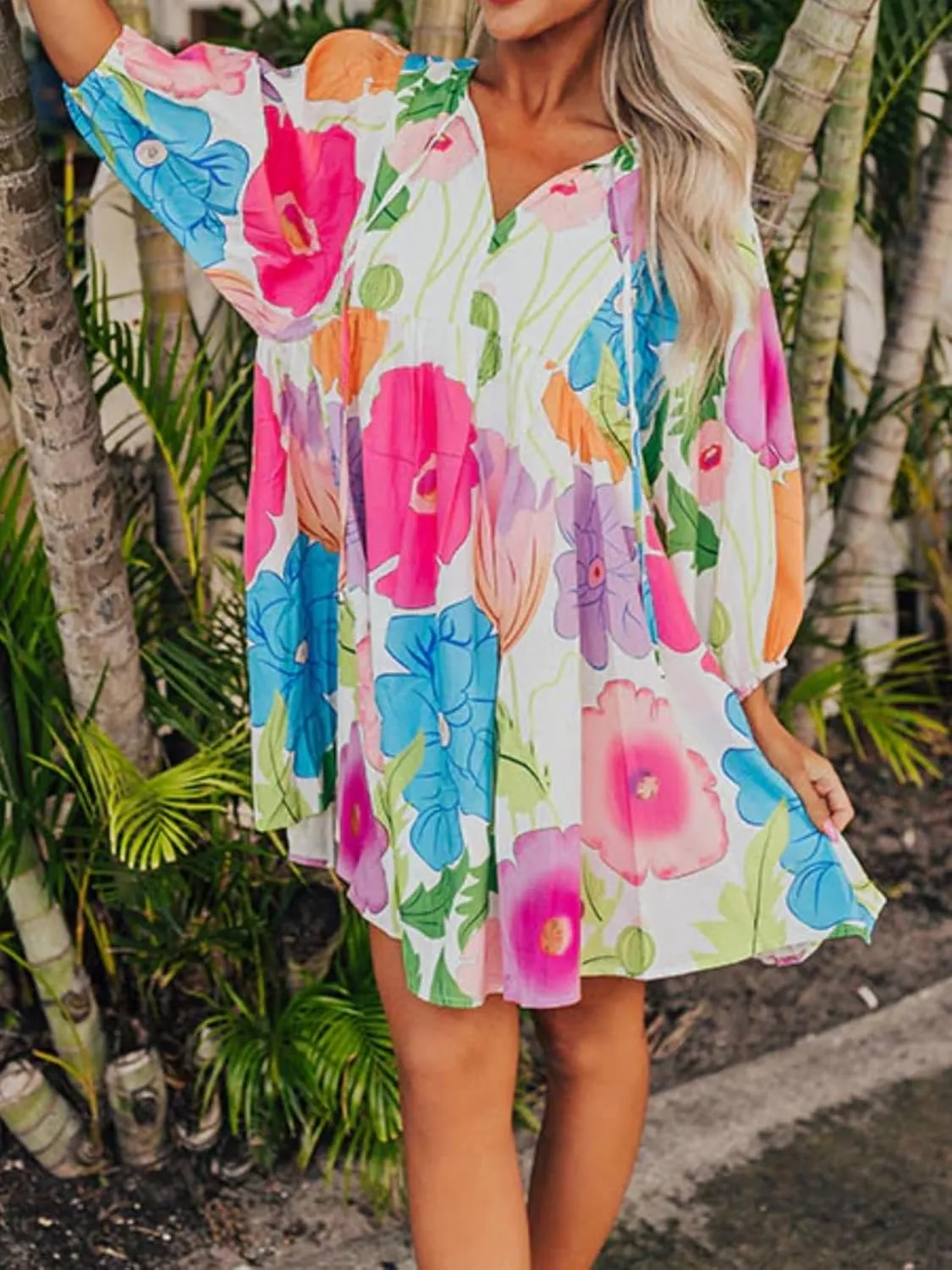 Womens Floral Print Dress Casual V Neck Tassel Tie Half Sleeve Summer Mini Dress