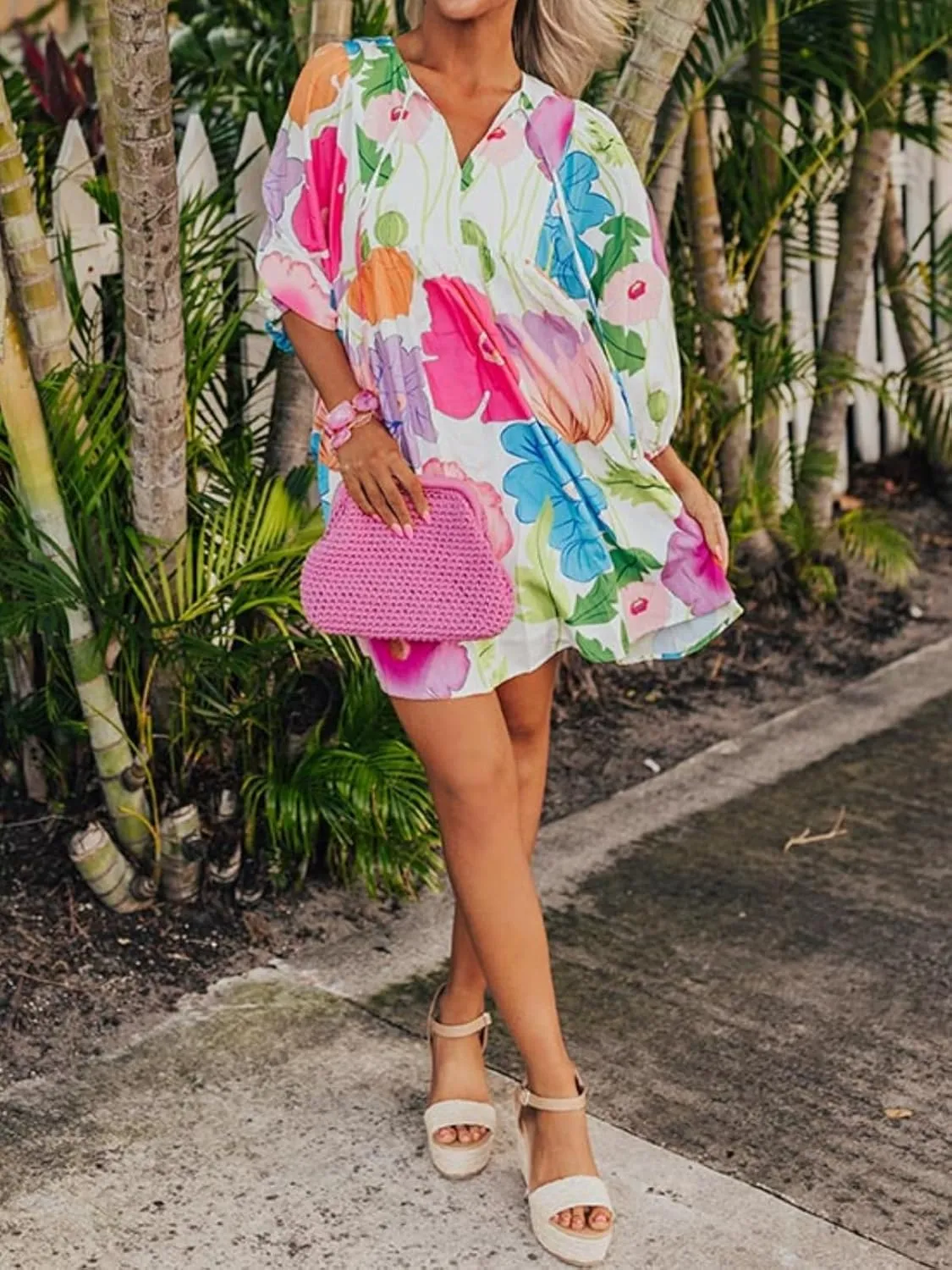 Womens Floral Print Dress Casual V Neck Tassel Tie Half Sleeve Summer Mini Dress