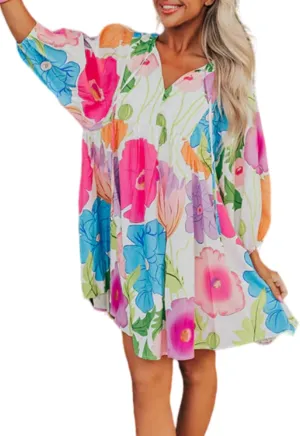 Womens Floral Print Dress Casual V Neck Tassel Tie Half Sleeve Summer Mini Dress