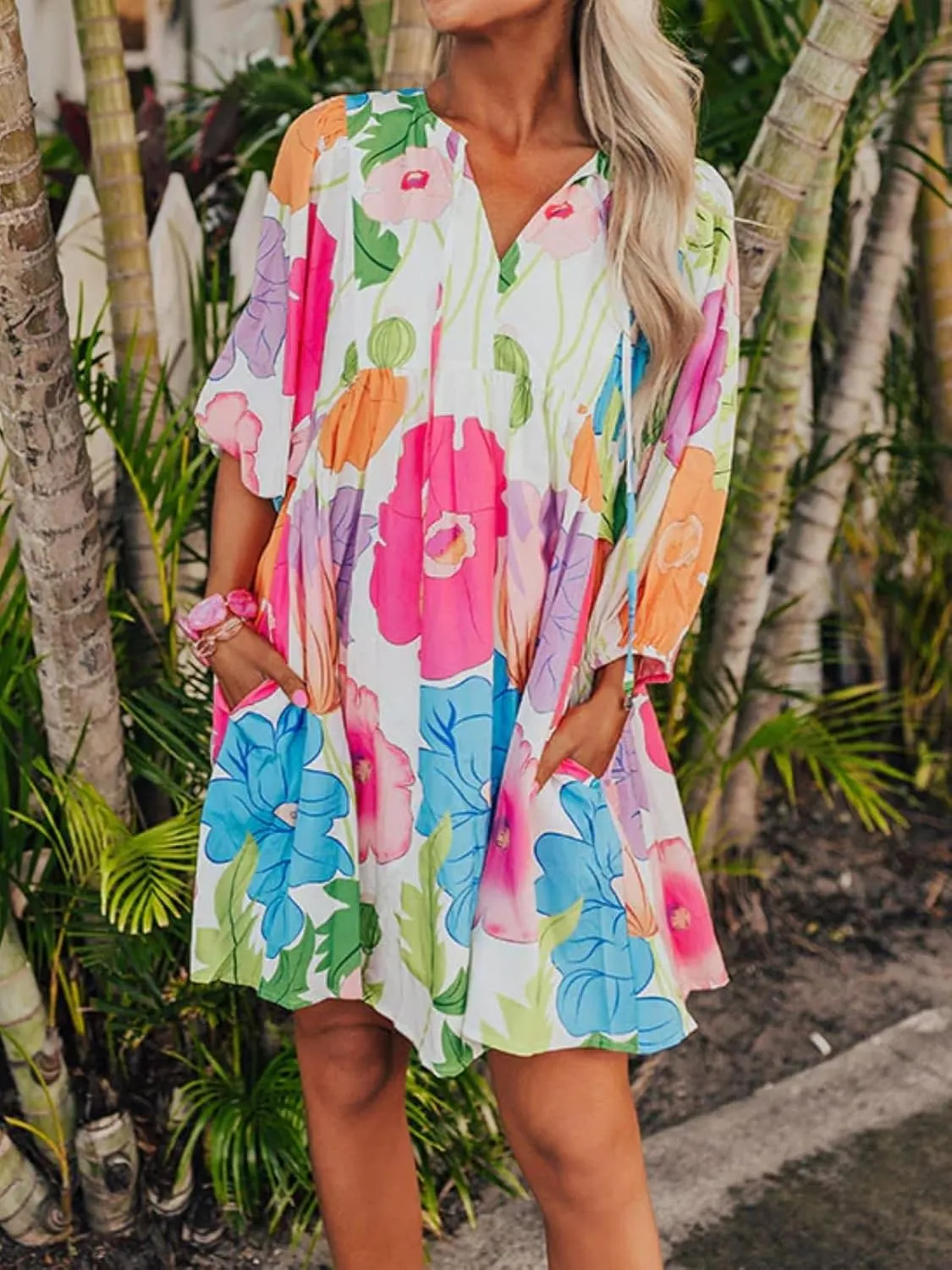 Womens Floral Print Dress Casual V Neck Tassel Tie Half Sleeve Summer Mini Dress