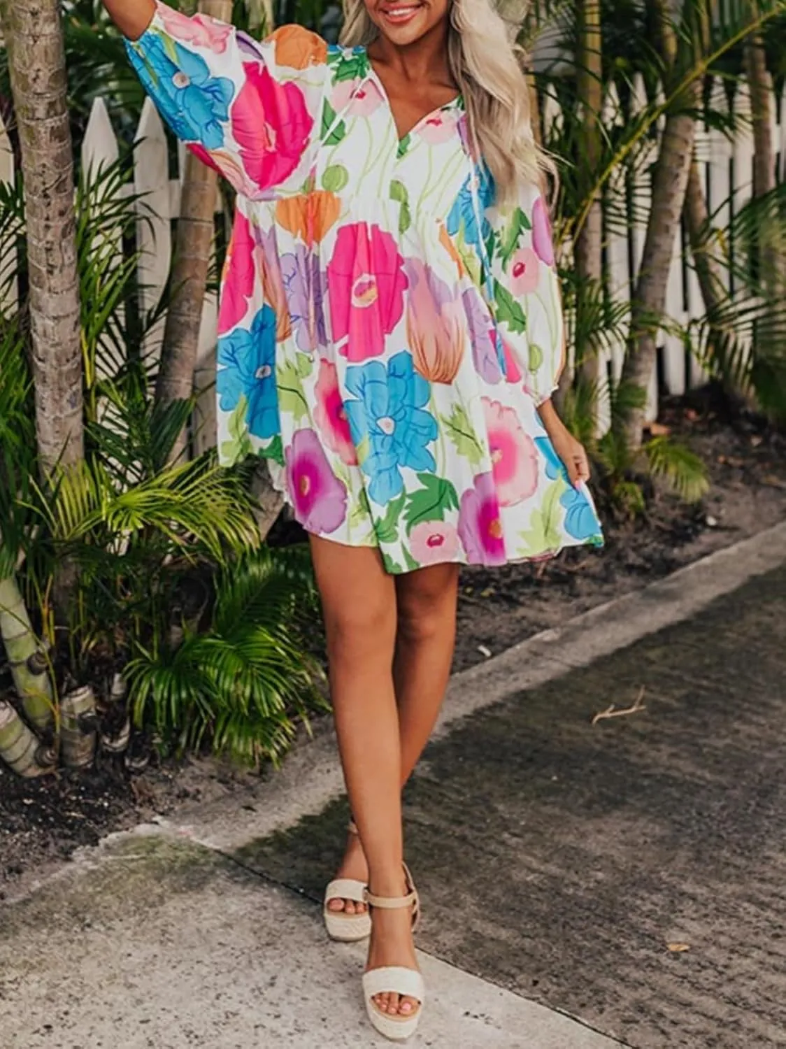 Womens Floral Print Dress Casual V Neck Tassel Tie Half Sleeve Summer Mini Dress