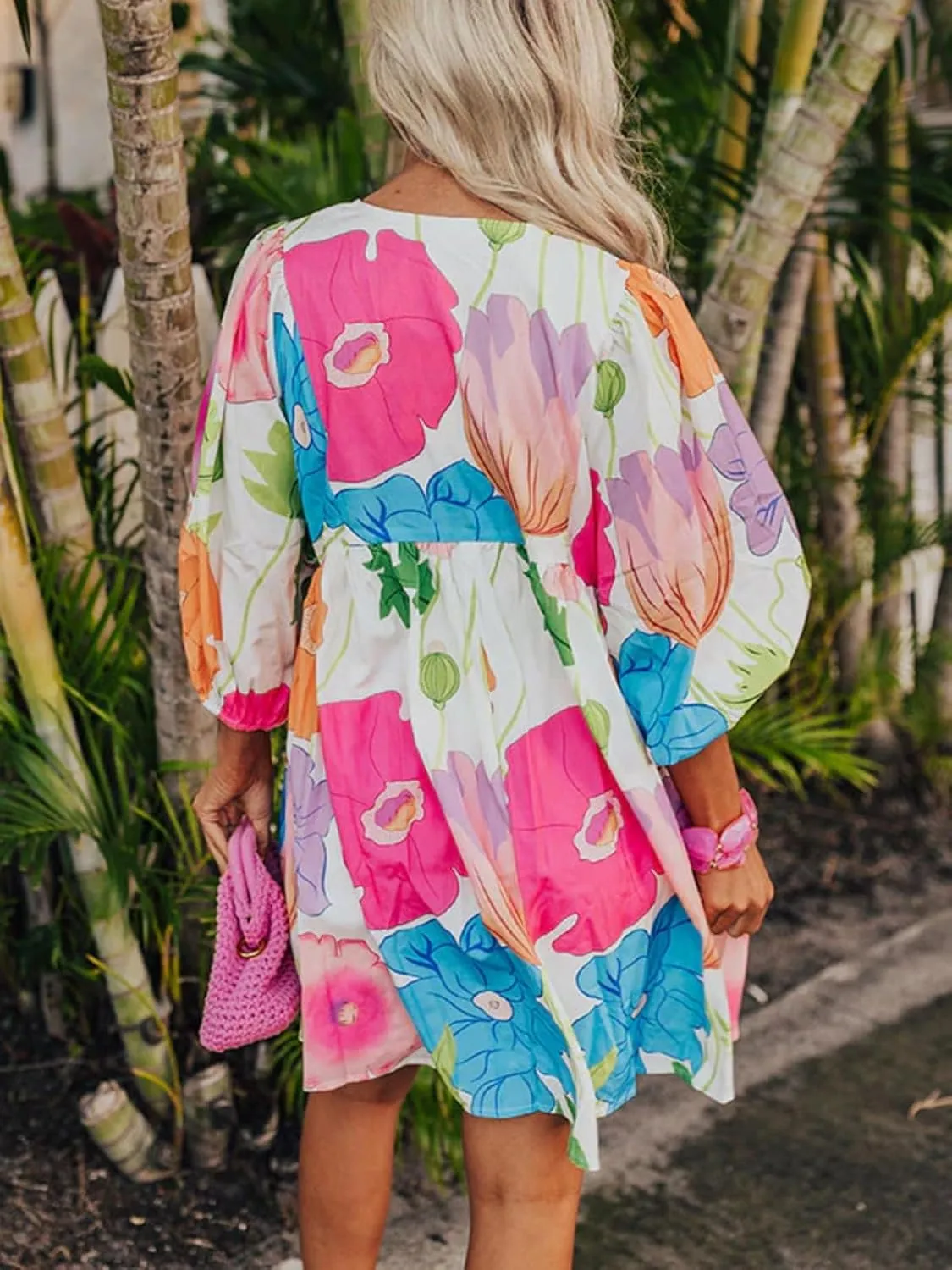 Womens Floral Print Dress Casual V Neck Tassel Tie Half Sleeve Summer Mini Dress